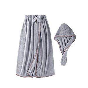 2pc Fabric Bathrobe & Hair Towel, Modern Bath Wrap Towel & Hair Drying Cap